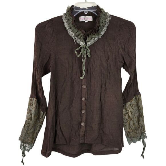 Pretty Angel Button Blouse Sz M Brown Long Sleeve Linen Blend Boho Cottage - Picture 1 of 5